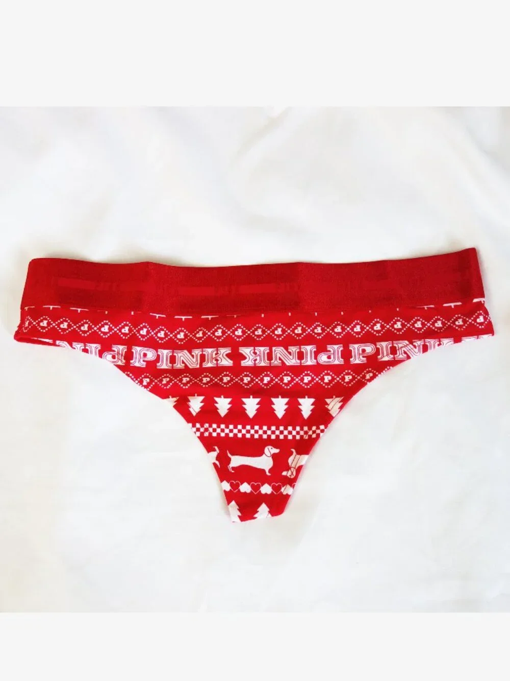Victoria's Secret PINK Logo Holiday Print Thong Red Pepper (M) NWT!